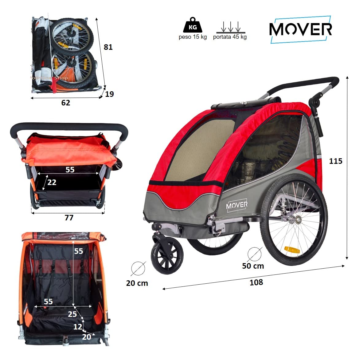 PAPILIOSHOP Mover bike trailer for kids, stroller, anti-wicking, wheel protection barrier, PVC window, 2-seater, 5-point safety harness, padded seat.