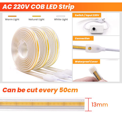 KISUFU 220V Dimmable COB LED Strip 15m, 360 LEDs/m Warm White 3000K LED Strip CRI≥90, Waterproof High Density Flexible Super Bright COB LED Light Strip for Bedroom, Kitchen, DIY Interior Decoration