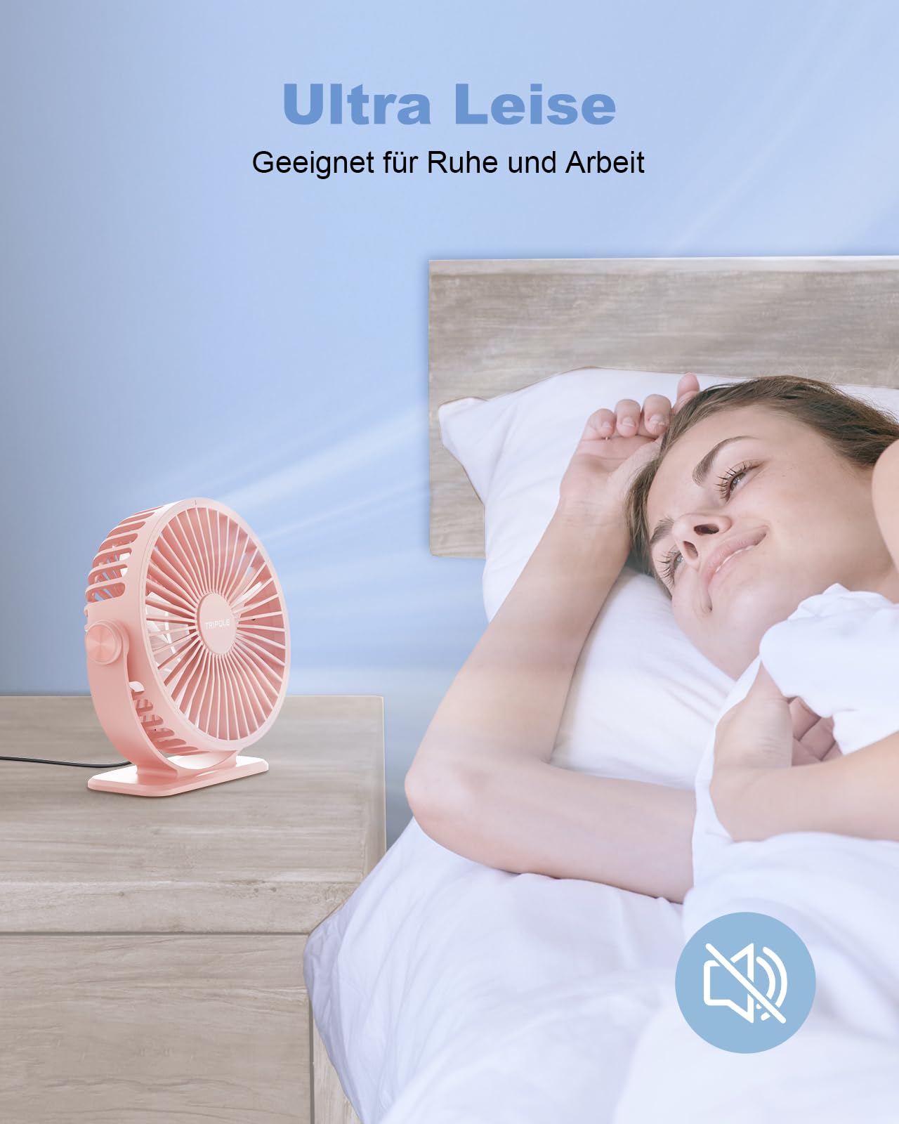 TriPole Fan: Quiet, 3-speed mini fan. Powerful portable USB desk fan with 360° rotation. Small electric fan for office, bedroom, and travel. Pink color.