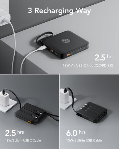 VRURC Power Bank 20000mAh with Cable Small USB C Powerbank Fast Charging Mini Portable Charger External Battery Small and lightweight with 4 outputs 3 inputs LED display for iPhone Huawei Samsung etc.