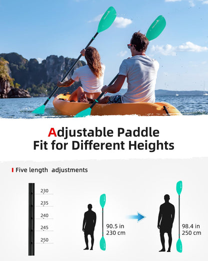Abahub kayak paddle adjustable 230cm to 250cm 3-piece double paddle floating kayak paddle boat rudder canoe paddle for kayaking aluminum shaft plastic blades mint green