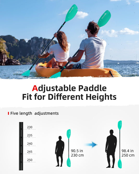 Abahub kayak paddle adjustable 230cm to 250cm 3-piece double paddle floating kayak paddle boat rudder canoe paddle for kayaking aluminum shaft plastic blades mint green