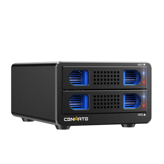 CENMATE Aluminum External Hard Drive Enclosure with Two Bays, Fan for 2.5"/3.5" SATA HDD/SSD with USB A/C 3.0, Tool-Free, Daisy Chain Expansion, DAS (NO RAID/NAS).