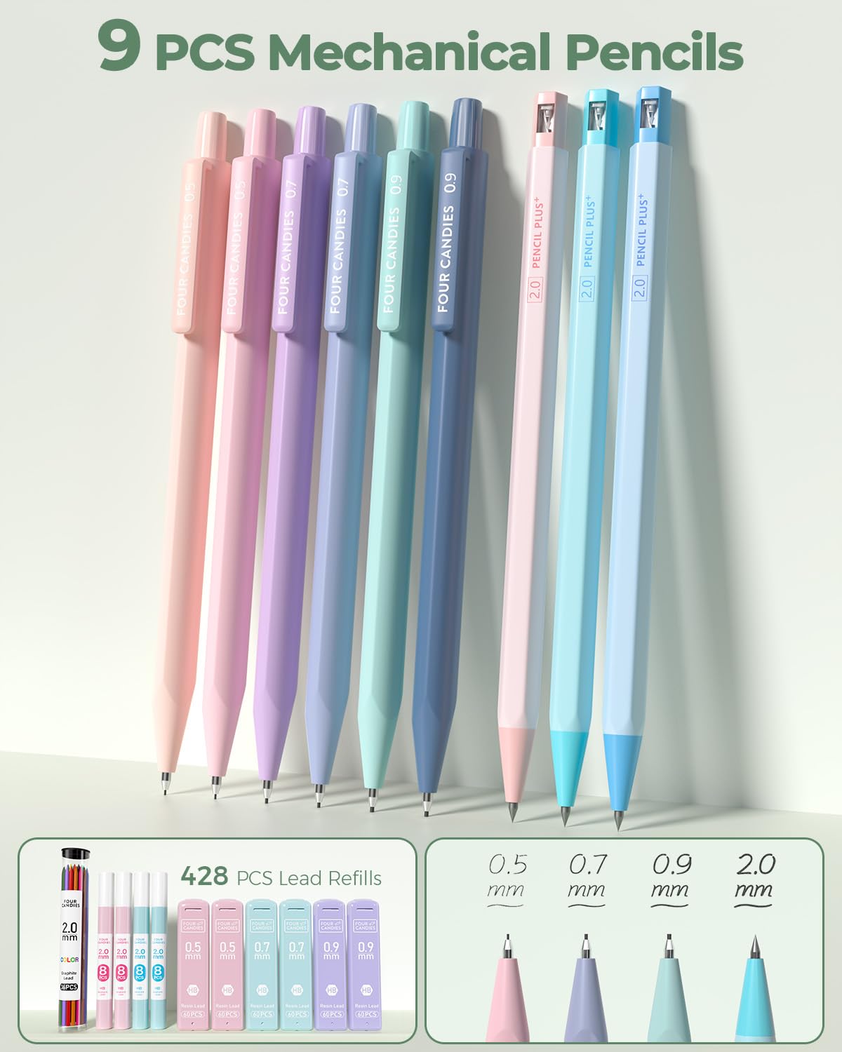 Aesthetic school supplies with pencil case, 6 colored pens, 12 pastel highlighters, 5 black ink gel pens, and 9 mechanical pencils 0.5-2.0 mm (green) - 56 PCS.