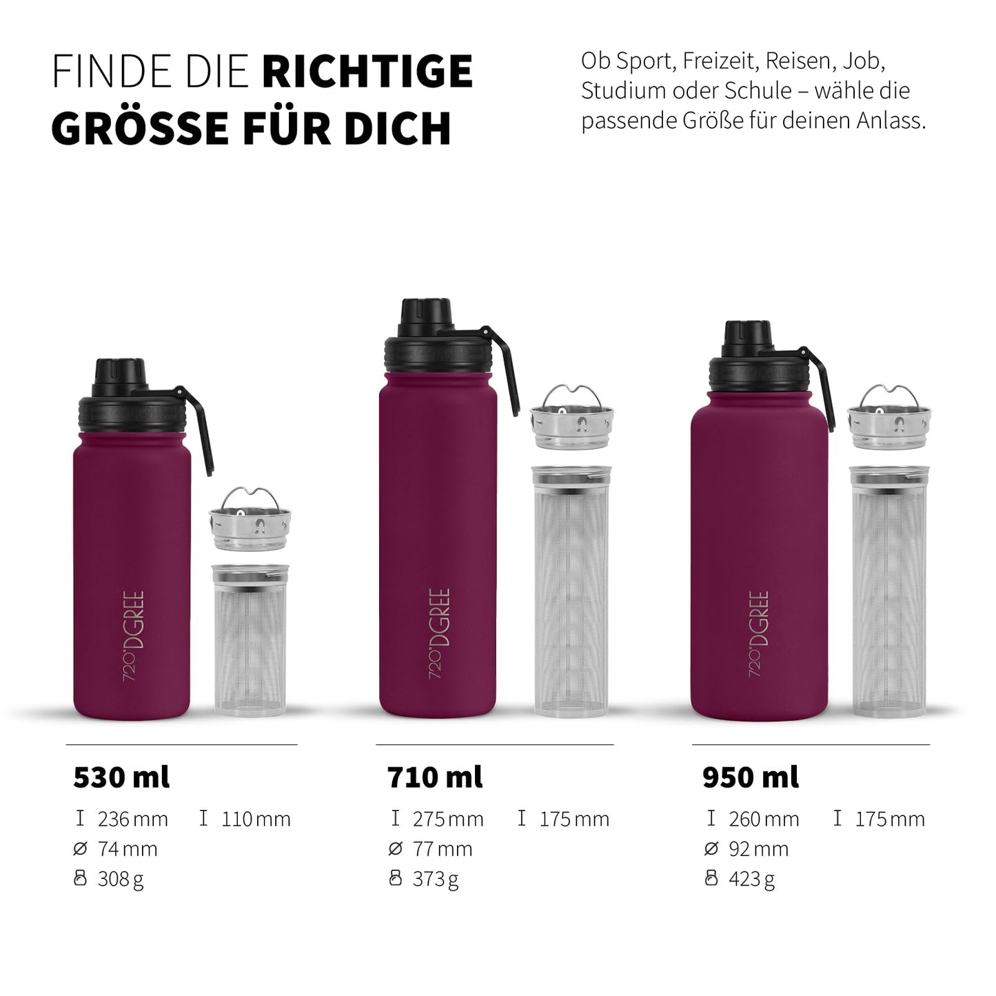 720°DGREE stainless steel thermo flask 710ml "noLimit" with fruit container - leak-proof, suitable for carbonation, BPA-free - insulated bottle with screw cap for sports, cycling, fitness + sports lid.