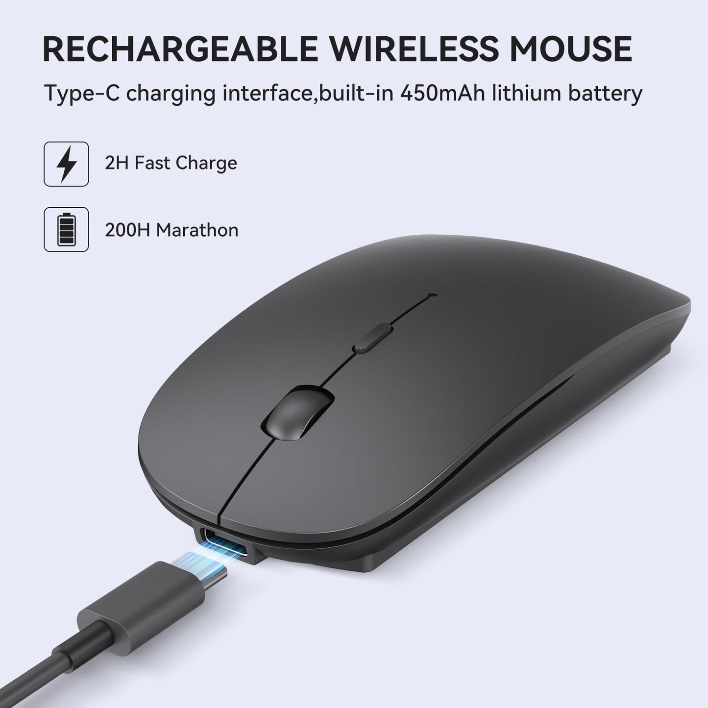 RaceGT Wireless Mouse USB-C & USB-A, Rechargeable Mouse 2.4GHz Silent click 3 Adjustable DPI levels with 4 buttons, with ON/OFF switch for Computer Laptop PC Macbook Pro/Air Chromebook