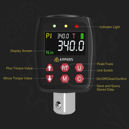 ANPUDS Digital Torque Adapter, 1/2 Inch 17-340Nm Torque Adapter Set with Preset, Storage, Buzzer, LCD Display, ± 1% Error Accuracy, 1/4" 3/8" Adapter for Car, Motorcycle