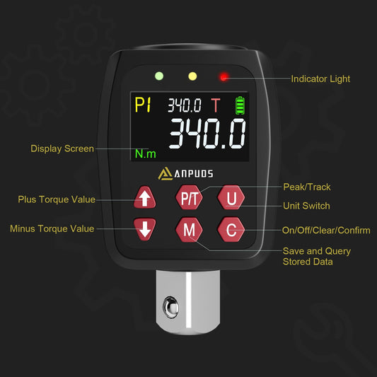 ANPUDS Digital Torque Adapter, 1/2 Inch 17-340Nm Torque Adapter Set with Preset, Storage, Buzzer, LCD Display, ± 1% Error Accuracy, 1/4" 3/8" Adapter for Car, Motorcycle
