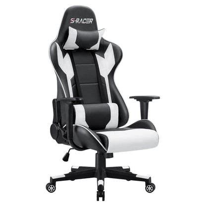 Homall Gaming Chair, ergonomic, adjustable height and back support, gamer seat, office chair, with wheels, quiet, headrest, lumbar support (white)