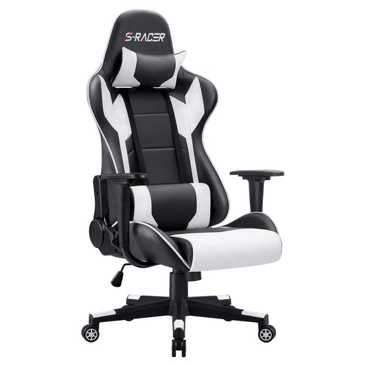 Homall Gaming Chair, ergonomic, adjustable height and back support, gamer seat, office chair, with wheels, quiet, headrest, lumbar support (white)
