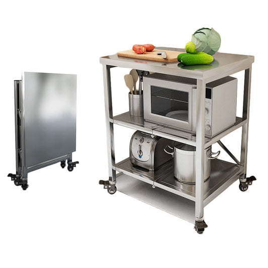 AMSXNOO Stainless Steel Serving Cart, 3 Tier Foldable Serving Cart Stainless Steel Trolley Kitchen Table with 4 Wheels Stainless Steel Food Preparation Table Microwave Holder Space-saving for Kitchen.