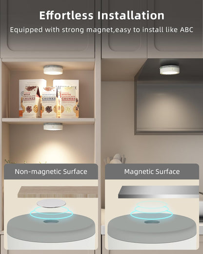 Wireless LED cabinet lighting with remote control and timer, RGB LED spot rechargeable via USB, cabinet lighting without cables, round under cabinet light with magnetic strip, battery-powered touch shelf lighting.