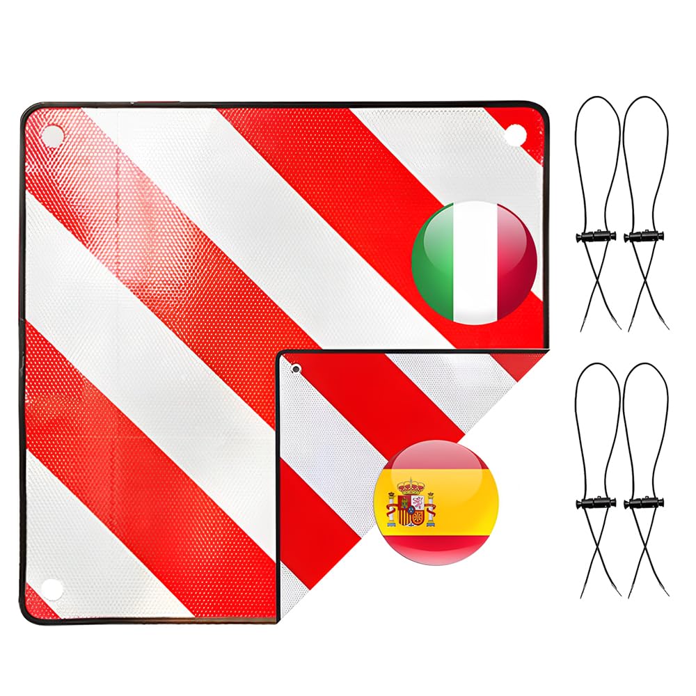 HOVCEH 2in1 warning sign Italy and Spain, 50 x 50 cm warning sign for bike carriers made of aluminum with 4 tension ropes. Warning sign for bike carriers in Italy for motorhomes, bike carriers, caravans, rear carriers.