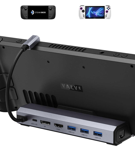JSAUX 7-in-1 Docking Station compatible with Valve Steam Deck/OLED/ASUS ROG Ally/Lenovo Legion go/MSI Claw, featuring 4K@60Hz HDMI & DisplayPort, Gigabit Ethernet, 3 USB A 3.2, and USB C 100W-HB0702.