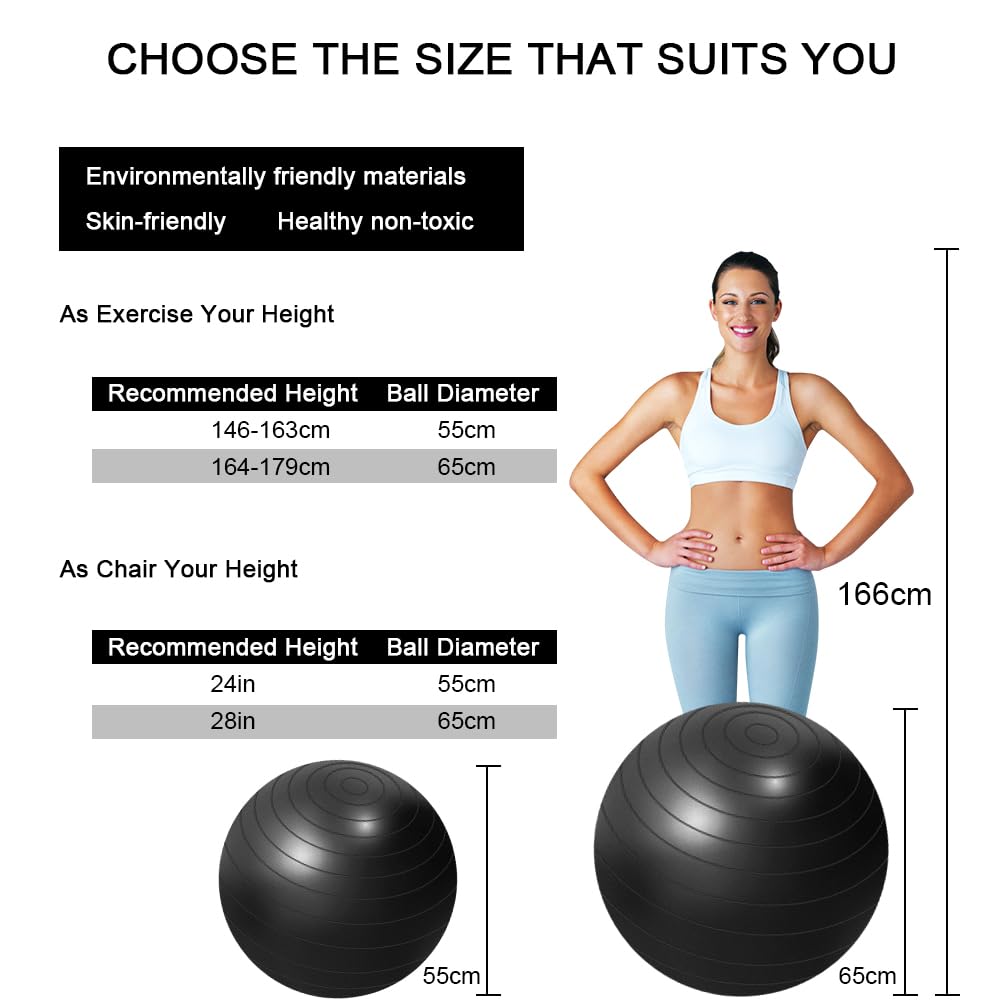 Flintonic exercise ball, 65cm ultra thick anti-explosion yoga ball with inflatable foot pump, durable max capacity fitness ball for sports, fitness, yoga, pilates (black).