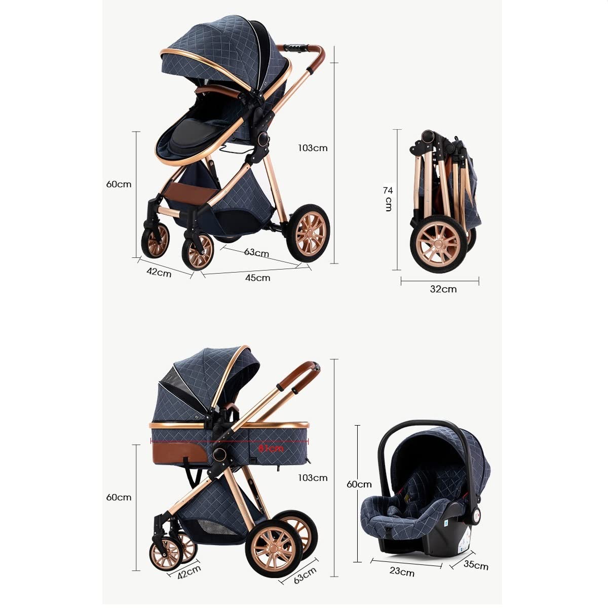 Gcarebb 3 in 1 stroller with car baby seat, easily collapsible with one click, portable complete set with aluminum frame for newborns 0-3 years old.