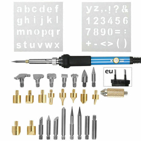 28-piece 60W wood burning pen branding iron pyrography stencil engraving set.