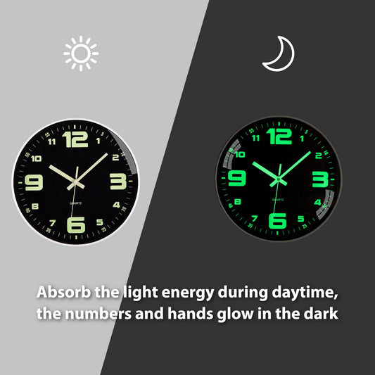 VIVILINEN luminous wall clock with large numbers, no ticking noise, quartz round clock, battery-operated, silent hanging clock for kitchen, home, office, living room, bedroom 12 inch