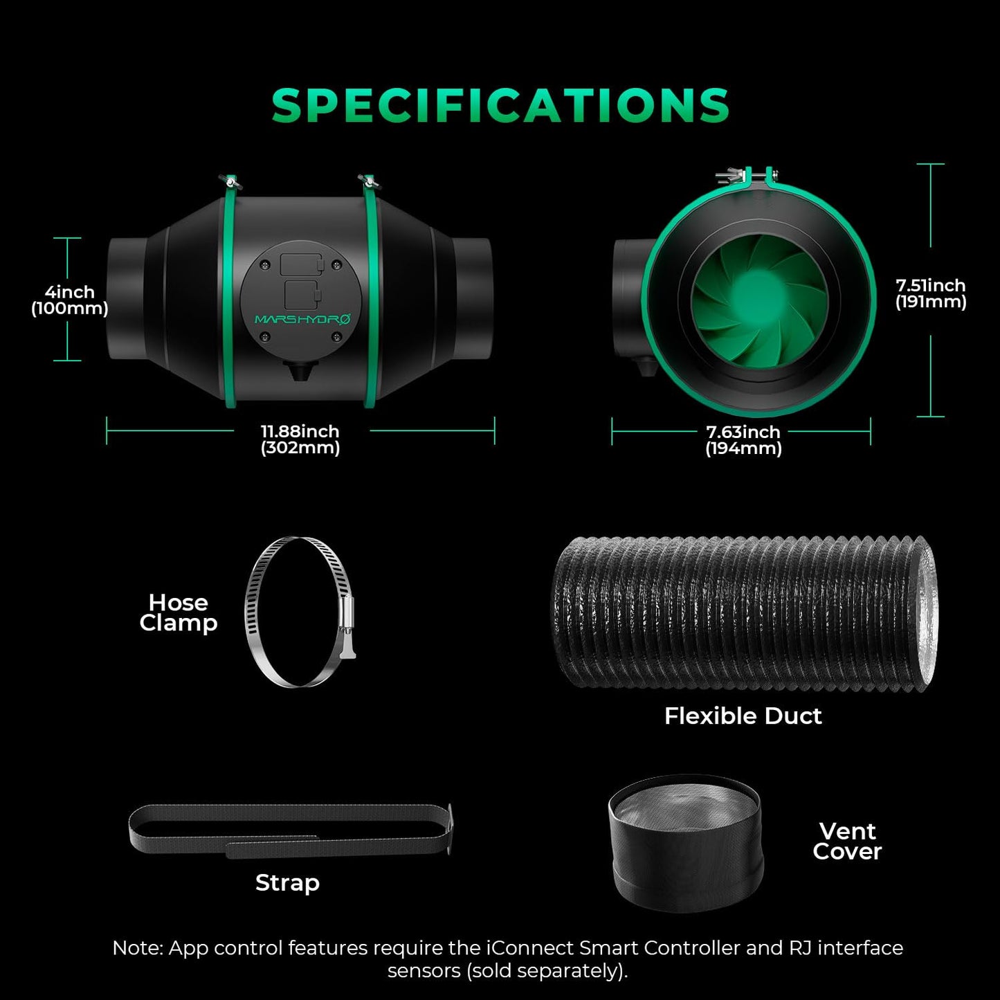 MARS HYDRO 4 Inch Smart Inline Fan Kit, with variable speed controller, ventilation system for grow tent, hydroponics.
