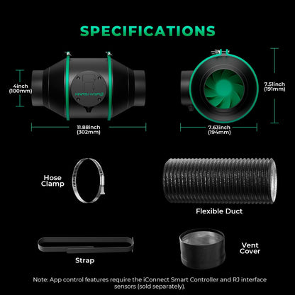 MARS HYDRO 4 Inch Smart Inline Fan Kit, with variable speed controller, ventilation system for grow tent, hydroponics.