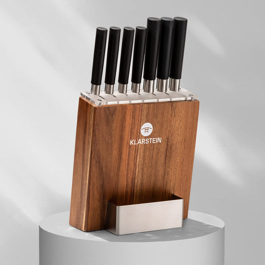 Klarstein knife block with 7-piece set, 7 kitchen knives & wooden block, sharp steel, scratch-resistant, Japanese-inspired knife set with block for professional chefs.