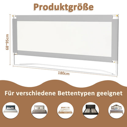 Daromigo 180 cm bed rail, foldable bed guardrail, adjustable height 68-95cm, baby bed guardrail for parents' beds and children's beds.
