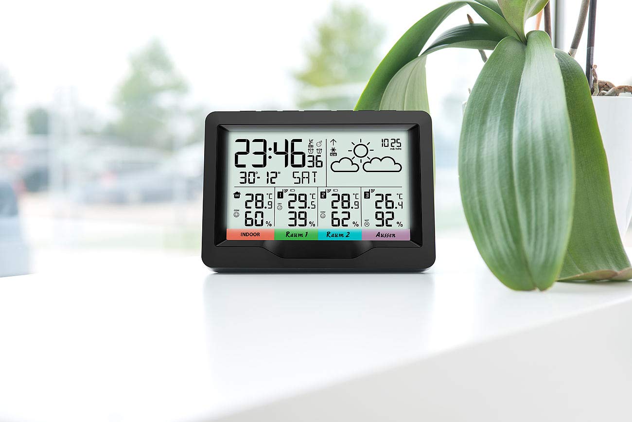 infactory Weather Station 3 Sensors: Wireless weather station; 3 wireless sensors; indoor/outdoor; XL display; Alarm clock (wireless thermometer with 3 sensors, wireless weather station with 3 sensors, digital wall clock)