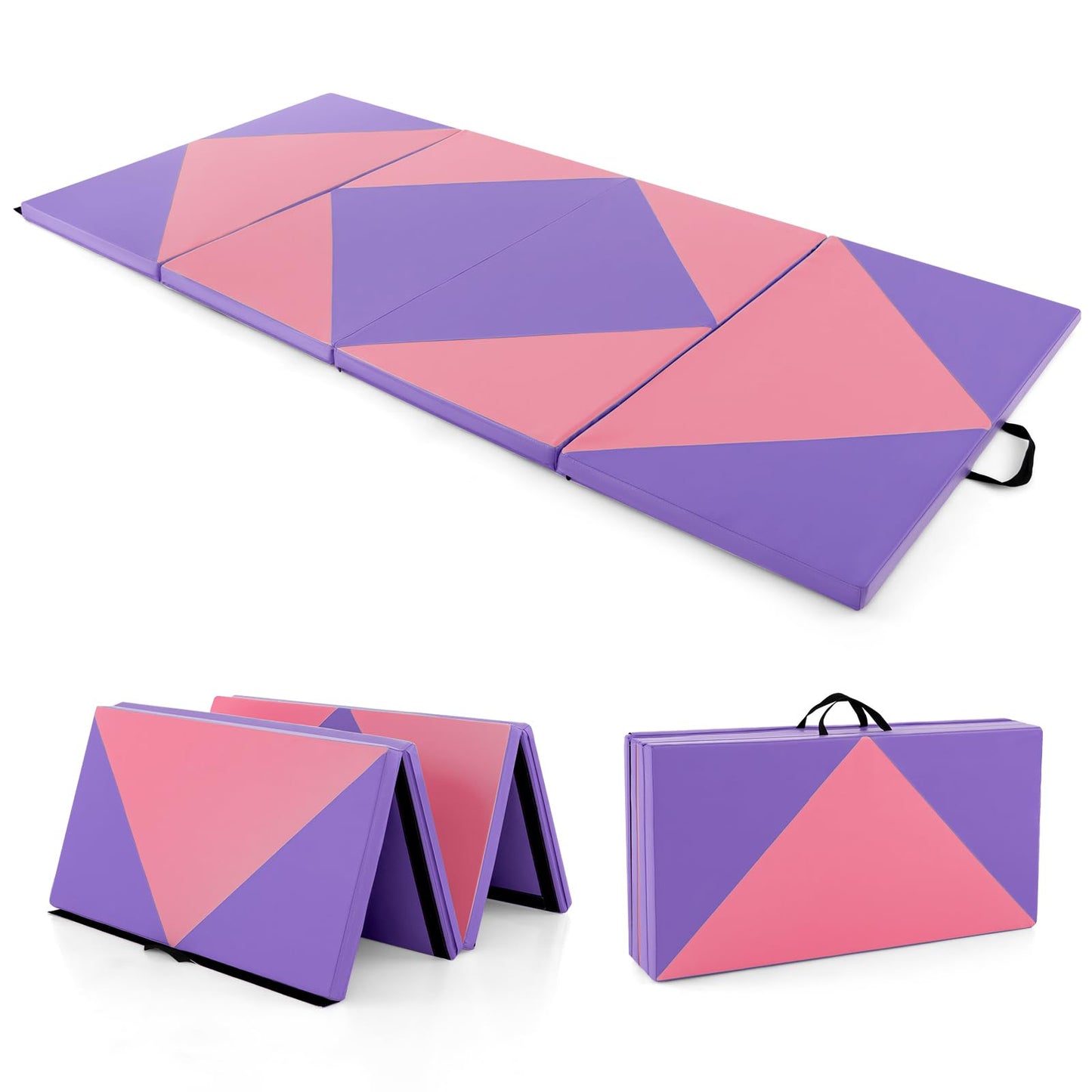 GOPLUS Folding Gym Mat, 240×117×5cm, Soft Floor Exercise Mat with 2 handles & Velcro Straps, suitable for Gymnastics, Yoga, and Play, Fitness Mat for Home (Pink + Purple)