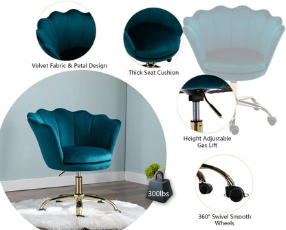 Wahson velvet office chair with wheels, height adjustable swivel computer chair. Ideal for bedroom/vanity. Blue-green color.