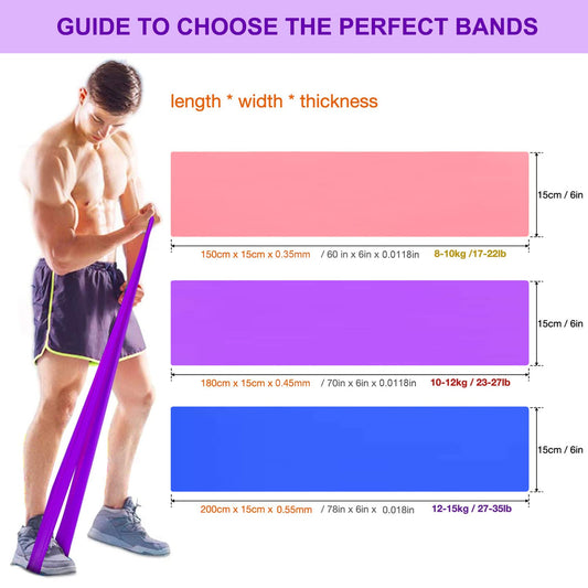 Set of 3 fitness bands resistance bands elastic stretching exercise bands for yoga, strength training, muscle building, and Pilates fitness band class.