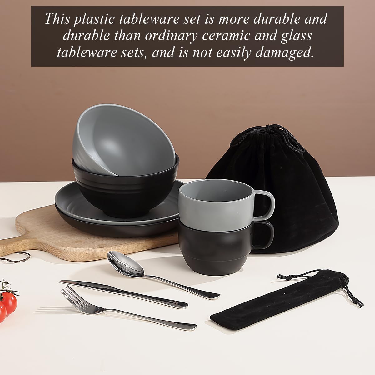 Mountain country camping cutlery set of 2 pieces, reusable cutlery sets with knife, fork, spoon, cups and plates, and bowls, portable travel cutlery set, easy to clean, dishwasher safe.