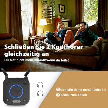 1Mii Bluetooth 5.2 Transmitter for TV, Long Range Bluetooth Audio Adapter, aptX HD Low Latency Bluetooth Sender for 2 Headphones Speakers, 3.5mm AUX/Optical/Coaxial Cable, Volume Control