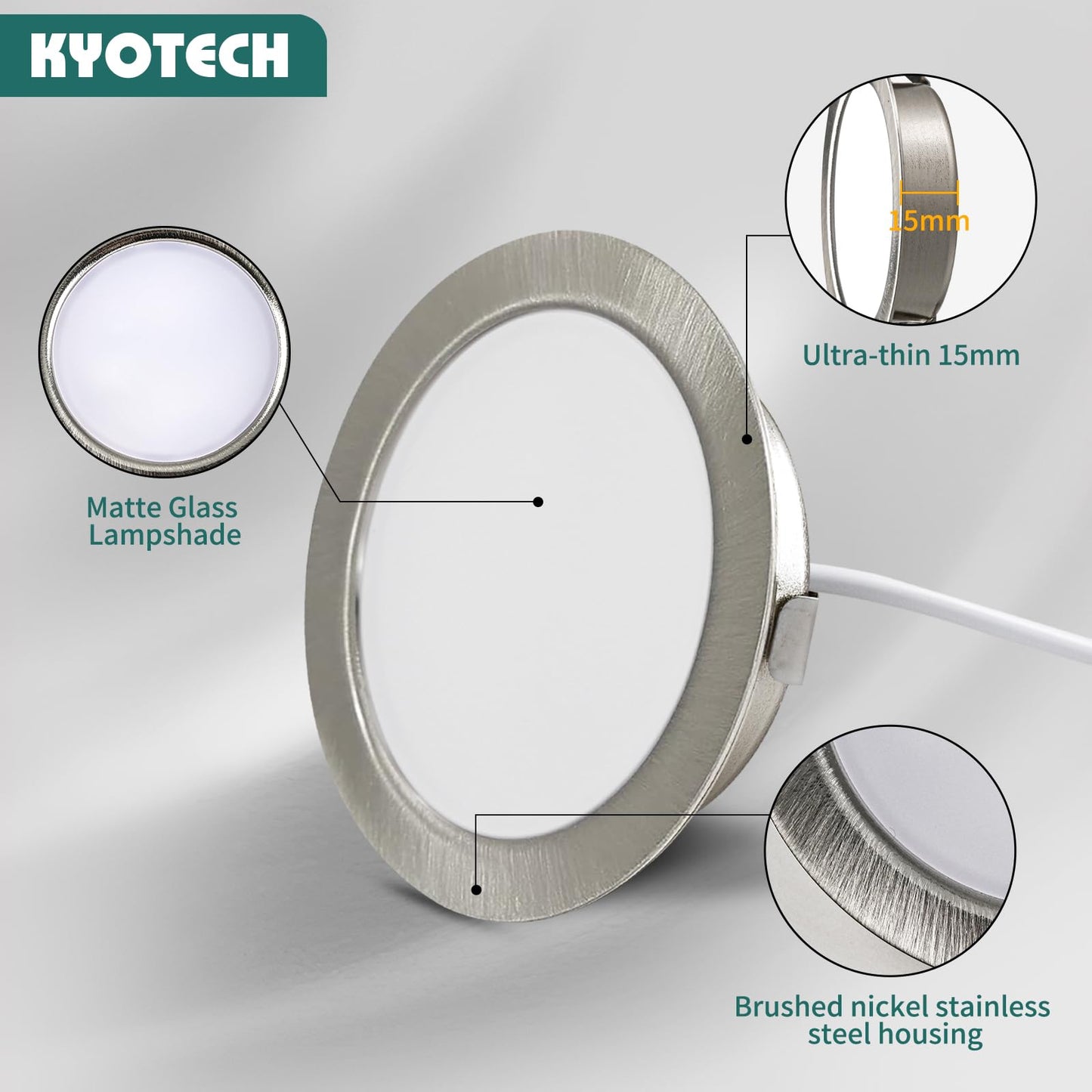 KYOTECH 6-pack of 230V LED furniture lights, 3.5W LED IP44 G4 15mm flat furniture recessed spotlights in brushed stainless steel look, 3000K warm white, kitchen hood light, bathroom spotlight.