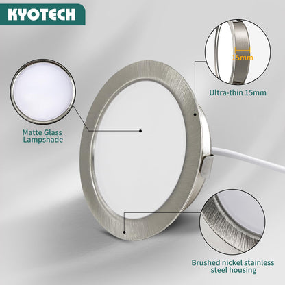 KYOTECH 6-pack of 230V LED furniture lights, 3.5W LED IP44 G4 15mm flat furniture recessed spotlights in brushed stainless steel look, 3000K warm white, kitchen hood light, bathroom spotlight.