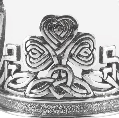 AE Williams whiskey glass with Irish Celtic shamrock and harp made of pewter.