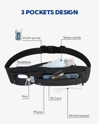 WATERFLY Running Waist Bag for Phone: Running Belt Flat Belly Bag for Women Men Jogging Belt Running Belt Running Bag Sports Belt Hip Bag for Running Sports Fitness Travel