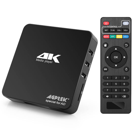 AGPTEK 4K@60hz MP4 Media Player supports 8TB HDD/256G USB Drive/SD Card with HDMI/AV Output for HDTV/PPT MKV AVI MP4 H.265. Features include ad insertion, subtitles/timing, and keyboard control.