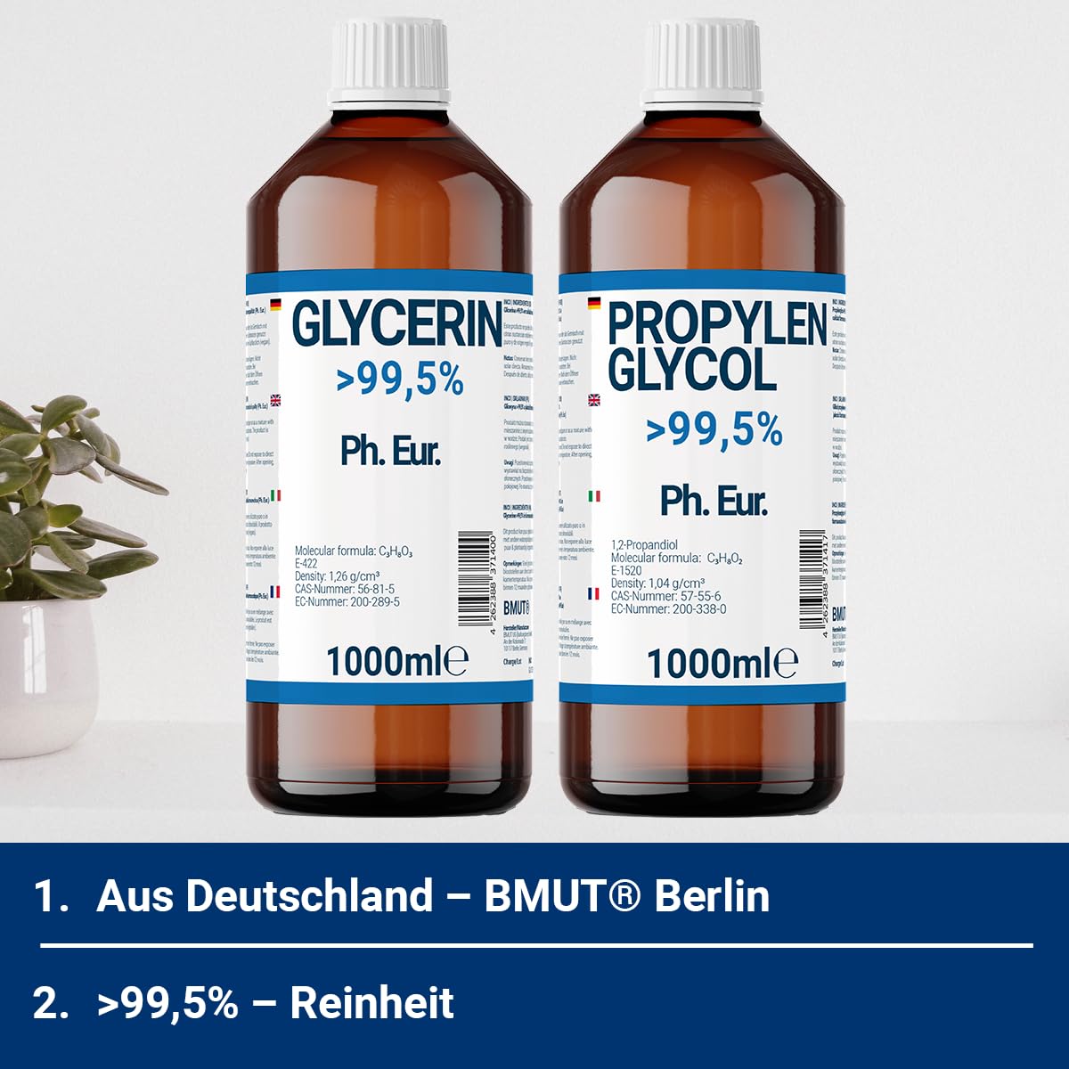 1000ml glycerin + 1000ml propylene glycol in pharmaceutical grade | >99.5% | pure | E422 + E1520 DIY