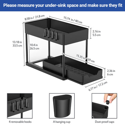 Puricon under sink shelf cabinet organizer, 2-tier countertop kitchen rack organizer, multifunctional spice rack under cabinet shelf sink rack - Black