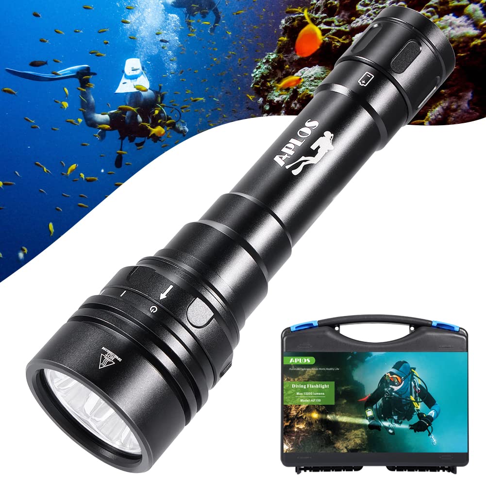 APLOS AP150 15000 lumen diving flashlight, underwater 150m, 4 modes, dive flashlight LED with battery.