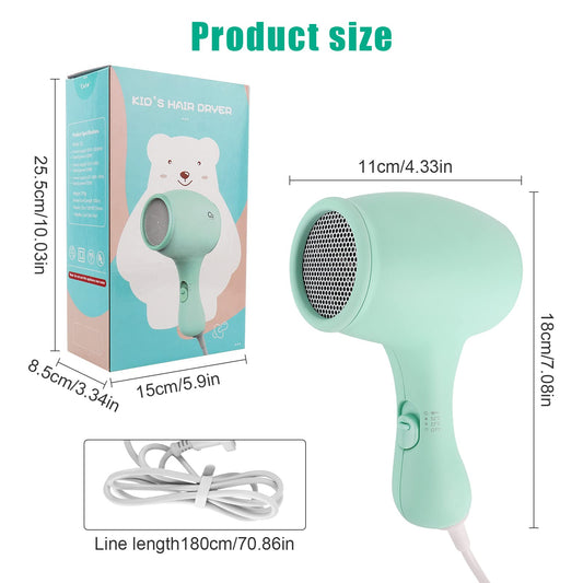 Lotvic Children's Hair Dryer, 550W Mini Hairdryer for Girls, Kids Hair Dryer with 3 Temperatures, Travel Hairdryer for Kids, Cute Mini Hair Dryer, Lightweight and Durable, Soft Touch Casing (Green)