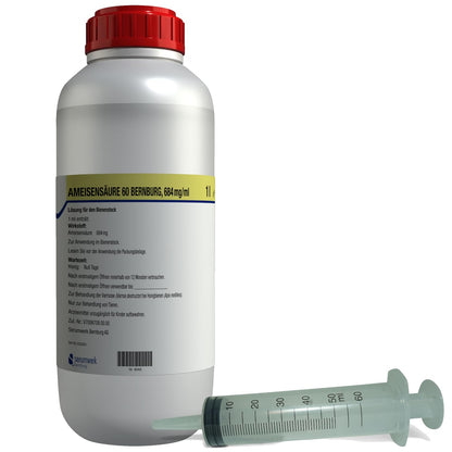 APIFORMES Set: Formic acid 60 for bees 1 l from Serumwerk Bernburg Dosage syringe - Varroa treatment - Beekeeping supplies - Apiary supplies - Animal supplies