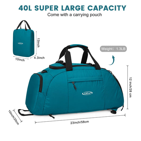 G4Free 40L foldable 3-way travel duffle sports bag with shoe compartment for men and women. Perfect for sports, fitness, gym, and vacation.