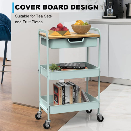 Shrivee 3-tier kitchen cart with table and drawer, multipurpose trolley, metal utility cart, shelf cart for office salon, multipurpose cosmetics, serving cart for kitchen, bathroom, office (light green)