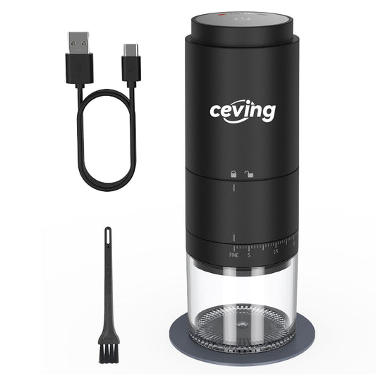 Portable battery-operated burr coffee grinder with 38 adjustable grind settings, rechargeable coffee grinder with LED display, wireless coffee grinder for travel, camping, office, espresso, pour over, etc.