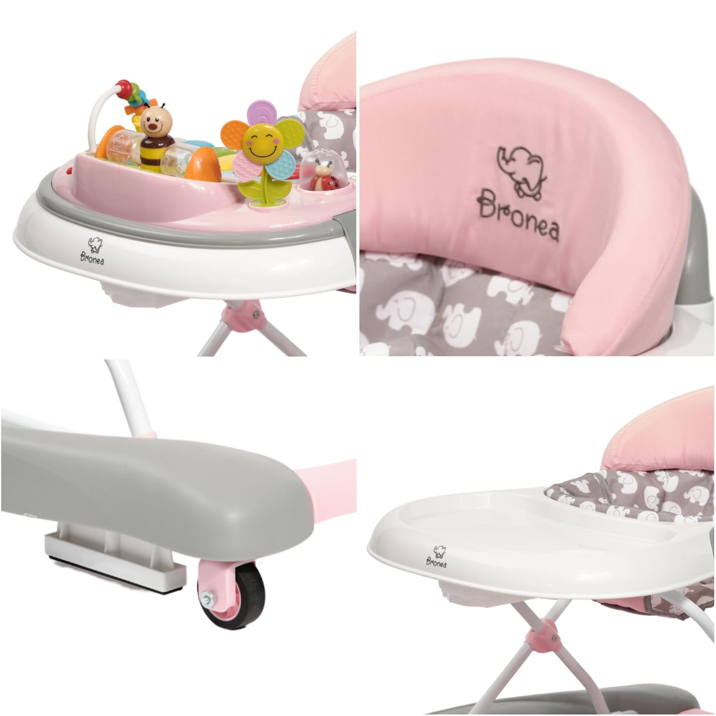 BRONEA® 4-in-1 Baby Walker for ages 6 months and up | Walker with rocking function and musical play panel | Adjustable height, foldable design | Features quiet wheels and brakes for safety