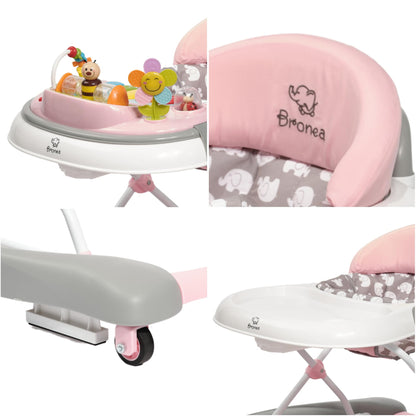 BRONEA® 4-in-1 Baby Walker for ages 6 months and up | Walker with rocking function and musical play panel | Adjustable height, foldable design | Features quiet wheels and brakes for safety