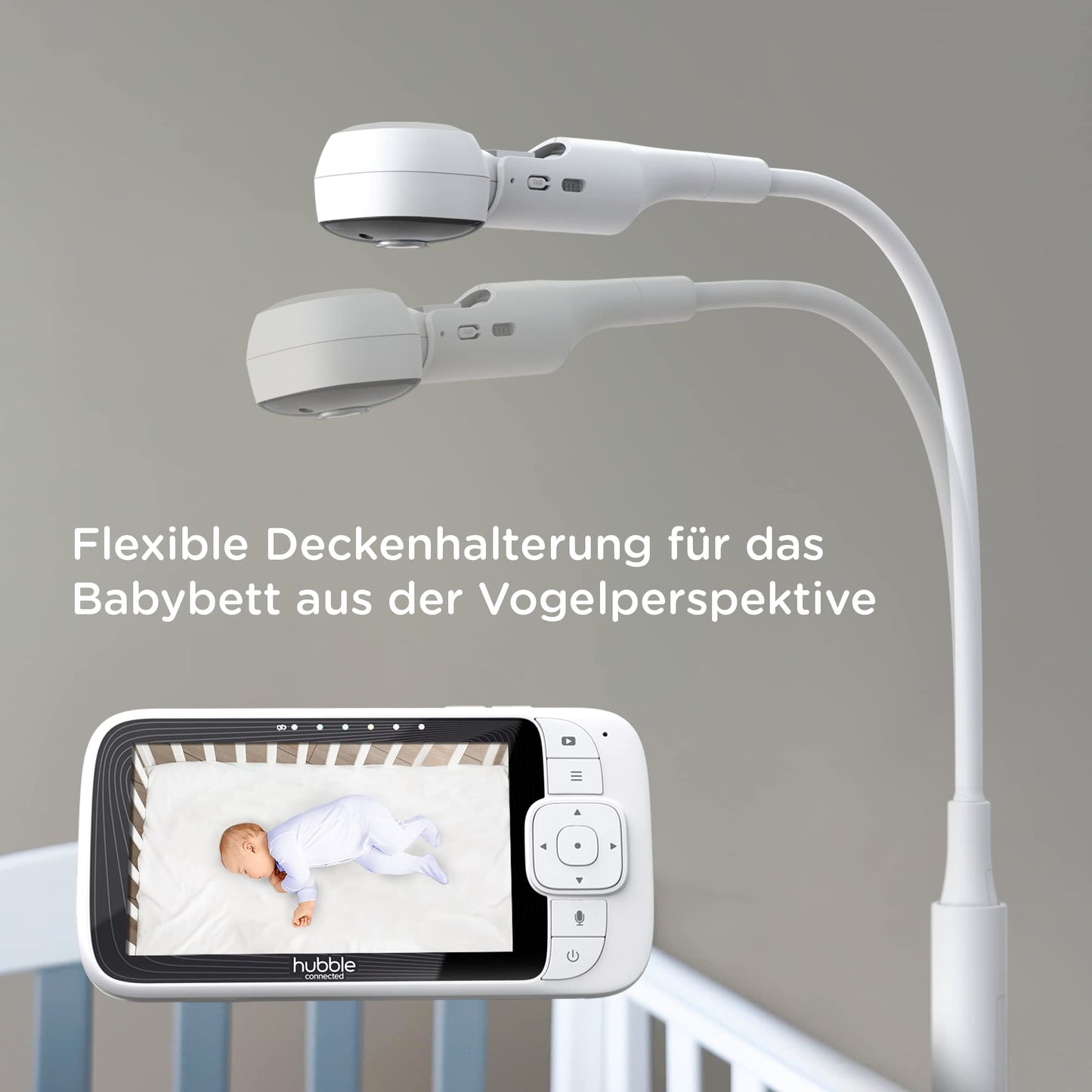 Hubble Connected Nursery Pal SkyView Baby Monitor comes with Camera, 5" Screen, Cot Mount, 7 Colour Night Light, Infrared Night Vision, Two-Way Call, Room Temperature Sensor, and smartphone app.