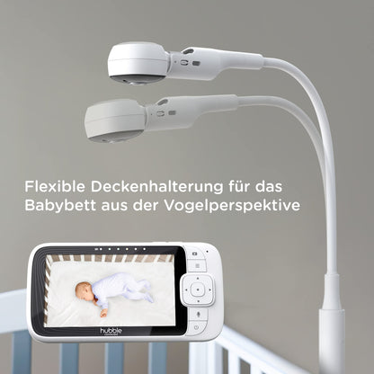 Hubble Connected Nursery Pal SkyView Baby Monitor comes with Camera, 5" Screen, Cot Mount, 7 Colour Night Light, Infrared Night Vision, Two-Way Call, Room Temperature Sensor, and smartphone app.