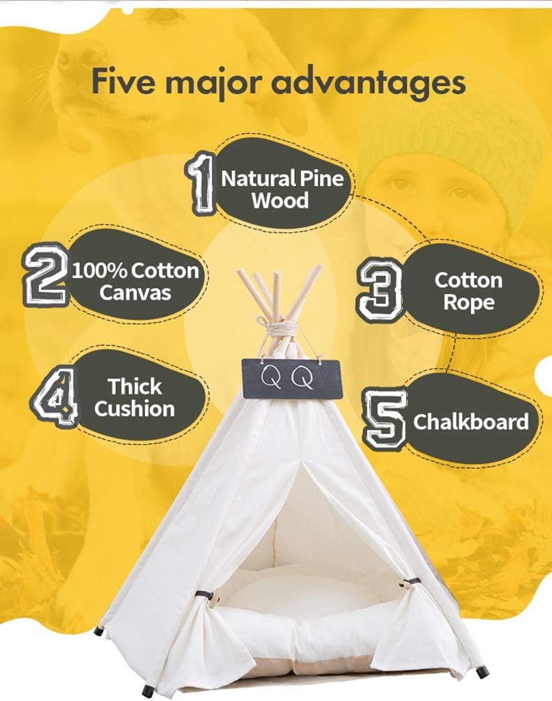 Sunnykud Teepee Tent for Pets Dog Tent Cat Tent Pet Tents Houses with Cushion Removable and Washable Pet Bed Foldable Pet Dog Bed Cat Bed (L:60x60x70cm, white)